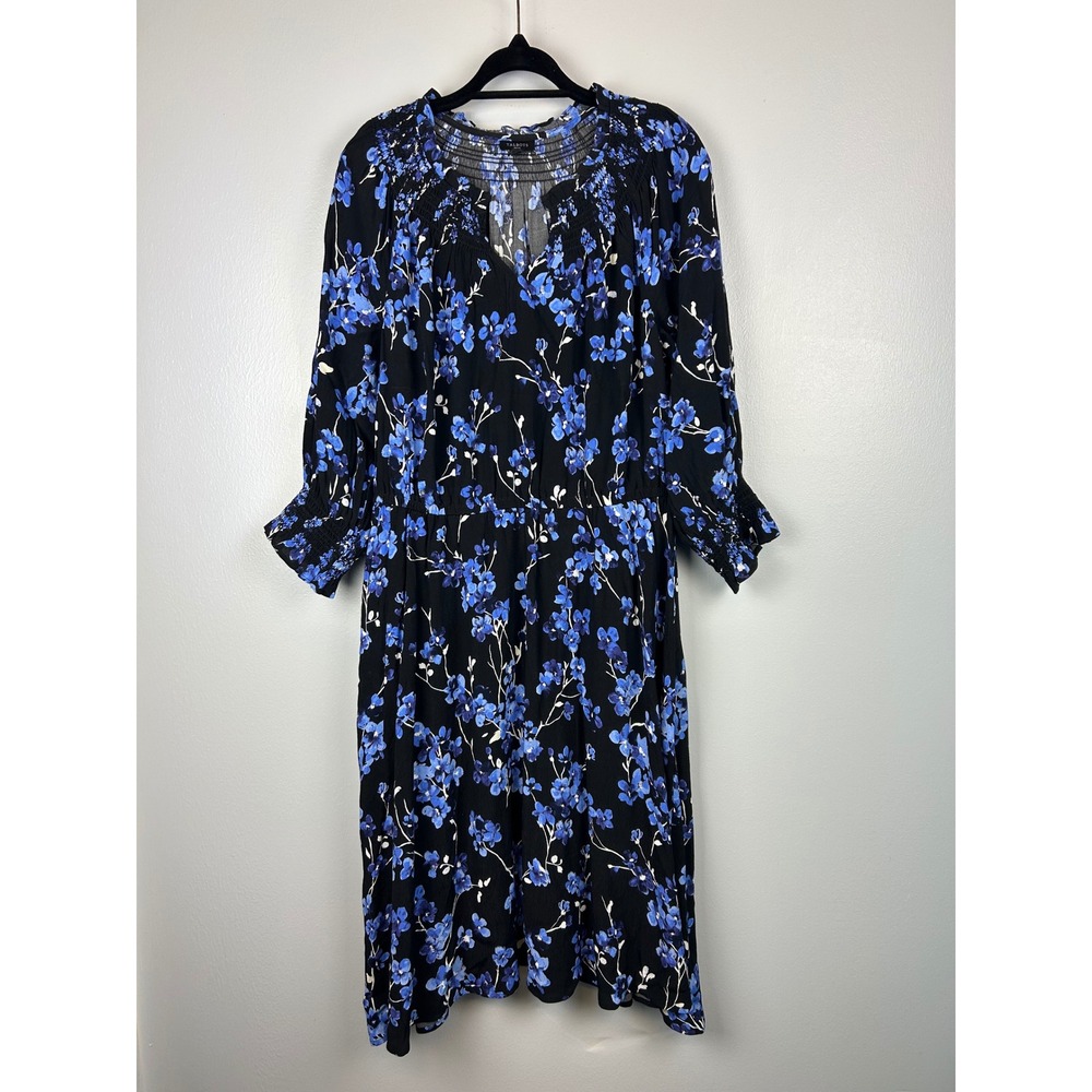 Talbots Smocked Midi Dress Large Petite Blue Floral Fragrant Lilac Romantic‎